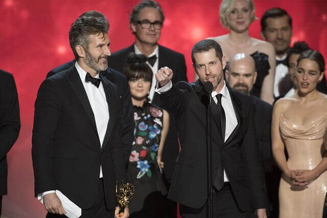 David Benioff and D.B. Weiss with the Game of Thrones at the Emmys 2016