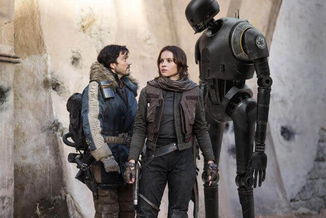 Rogue One A Star Wars Story Diego Luna, Felicity Jones, and K-2S0