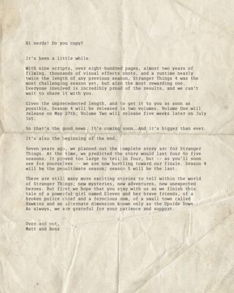 Stranger Things Season 4 Duffer Letter