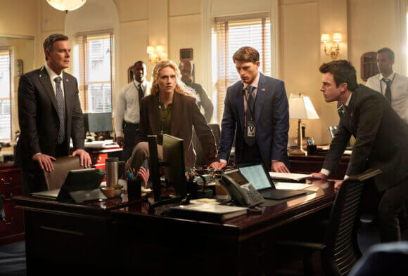 Peter Krause, Kat Cunning, and Tommy O'Brien in episode 6